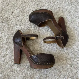 Vintage Prada Heels Brown Wooden Sandals Embroidered Studded Leather Size 39.5