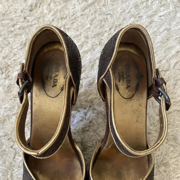 Vintage Prada Heels Brown Wooden Sandals Embroidered Studded Leather Size 39.5