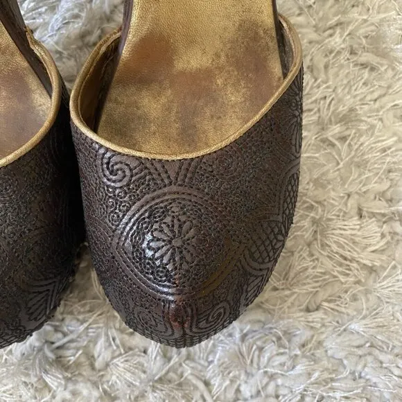 Vintage Prada Heels Brown Wooden Sandals Embroidered Studded Leather Size 39.5