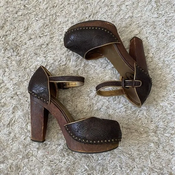 Vintage Prada Heels Brown Wooden Sandals Embroidered Studded Leather Size 39.5