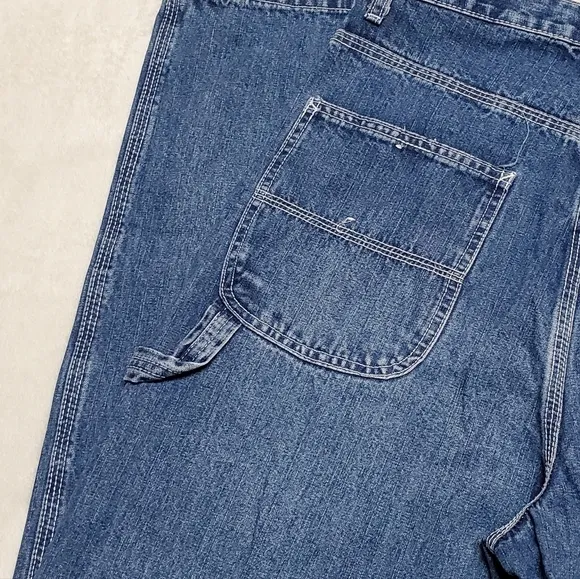 Vintage Route 66 Dark Wash Distressed Denim Wide Leg High Rise Carpenter Jeans