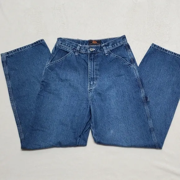 Vintage Route 66 Dark Wash Distressed Denim Wide Leg High Rise Carpenter Jeans