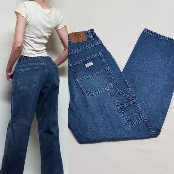 Vintage Route 66 Dark Wash Distressed Denim Wide Leg High Rise Carpenter Jeans