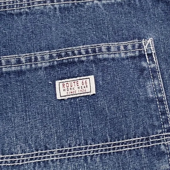 Vintage Route 66 Dark Wash Distressed Denim Wide Leg High Rise Carpenter Jeans