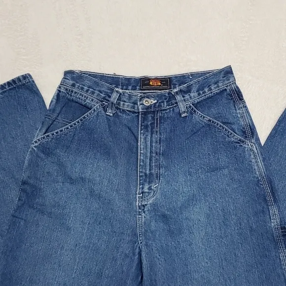 Vintage Route 66 Dark Wash Distressed Denim Wide Leg High Rise Carpenter Jeans
