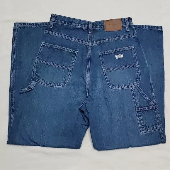 Vintage Route 66 Dark Wash Distressed Denim Wide Leg High Rise Carpenter Jeans