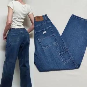 Vintage Route 66 Dark Wash Distressed Denim Wide Leg High Rise Carpenter Jeans