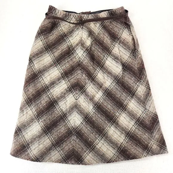 Vintage Skirt 80s Plaid Wool Tweed A-Line Preppy Dark Academia Retro Classic 12