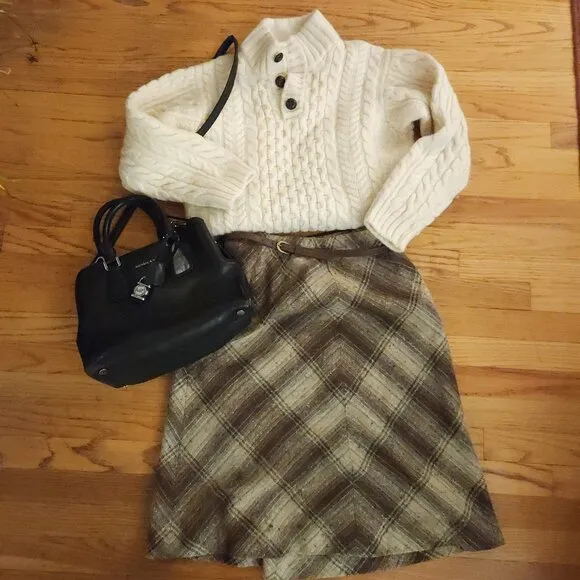 Vintage Skirt 80s Plaid Wool Tweed A-Line Preppy Dark Academia Retro Classic 12