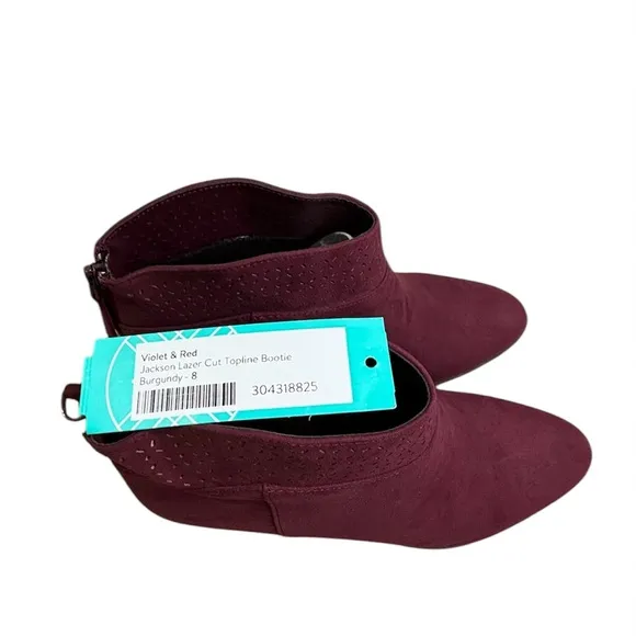 Violet &amp; Red Burgundy Ankle Boots with Pointed Toe and Cut-Out Design. Size 8