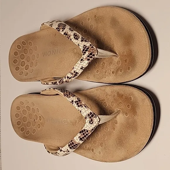 Vionic Dillon Sandals Flip-flops Thongs White Leopard Animal Print Orthotic 10