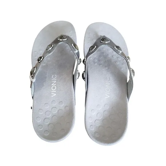 Vionic Eve II Flip Flop Sandal Gray Jeweled Strap Orthoheel Women's Size 10