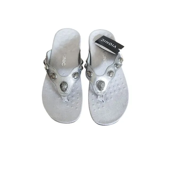 Vionic Eve II Flip Flop Sandal Gray Jeweled Strap Orthoheel Women's Size 10
