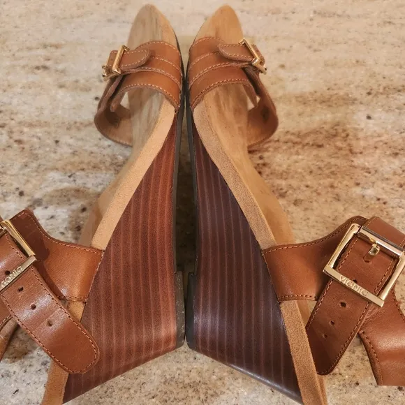 Vionic Laurie Brown Wedge Leather Sandals, Sz 7