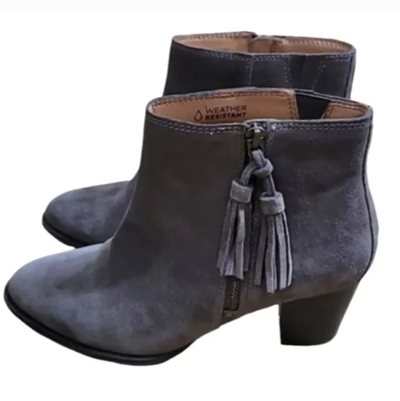 Vionic Madeline Boots Gray Greige Suede Leather Waterproof Fringed Almond Toe
