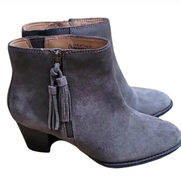 Vionic Madeline Boots Gray Greige Suede Leather Waterproof Fringed Almond Toe