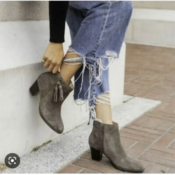 Vionic Madeline Boots Gray Greige Suede Leather Waterproof Fringed Almond Toe