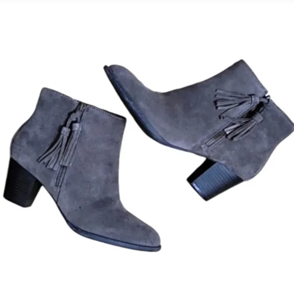 Vionic Madeline Boots Gray Greige Suede Leather Waterproof Fringed Almond Toe