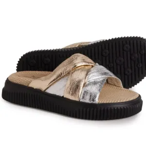 Voile Blanche NIB Metallic Silver Gold Crisscross Slide Platform Sandals