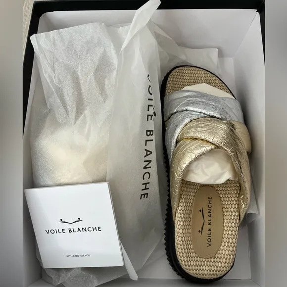 Voile Blanche NIB Metallic Silver Gold Crisscross Slide Platform Sandals