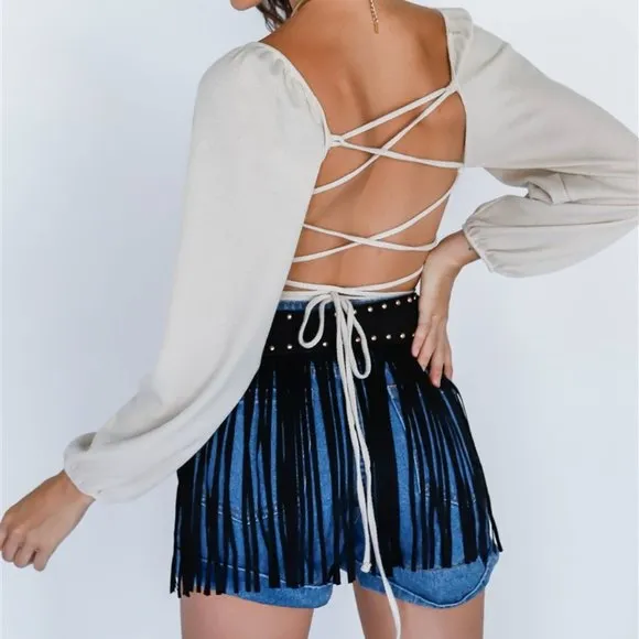 Western Denim Cotton High Rise Shorts with Fringe Suede Studded Belt