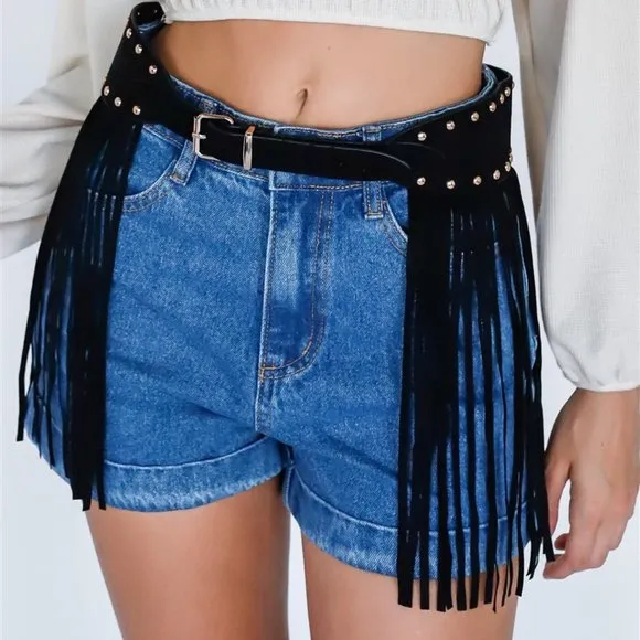 Western Denim Cotton High Rise Shorts with Fringe Suede Studded Belt