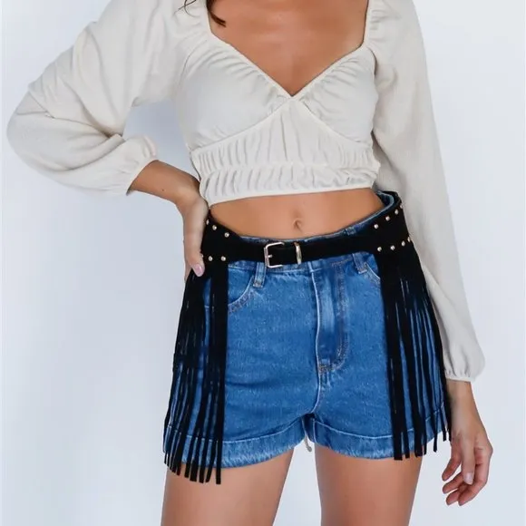 Western Denim Cotton High Rise Shorts with Fringe Suede Studded Belt