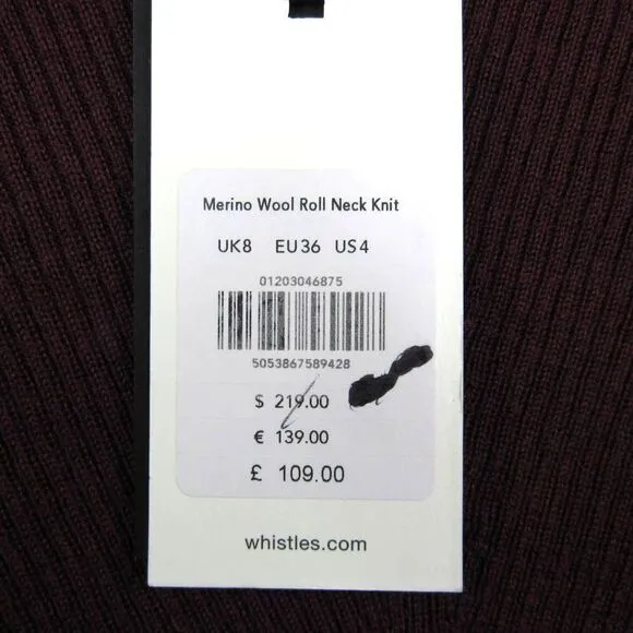 WHISTLES MERINO WOOL ROLL NECK KNIT BURGUNDY SWEATER SZ 4