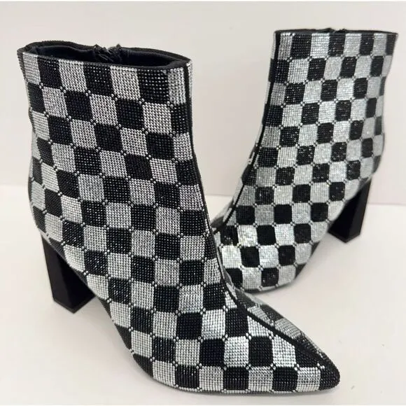 Wild Pair Boots Size 6 Checkered Pointed Toe Rhinestones High Heel Booties NEW