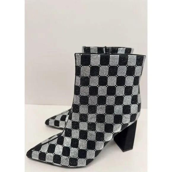 Wild Pair Boots Size 6 Checkered Pointed Toe Rhinestones High Heel Booties NEW