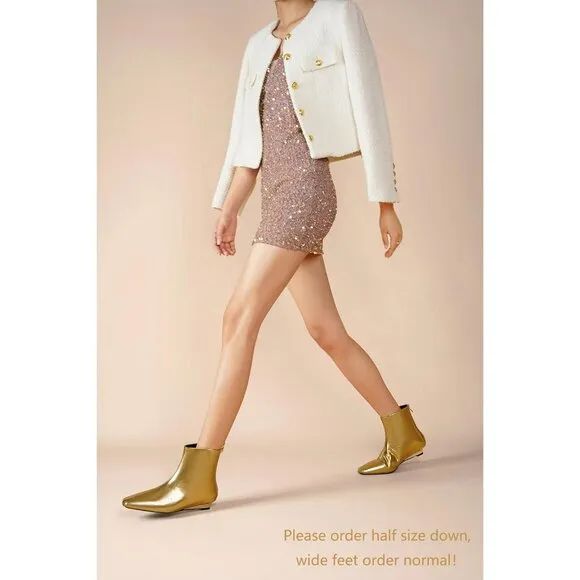 Women Gold Synthetic Ankle Boots Square Toe Back Zipper Short Boots