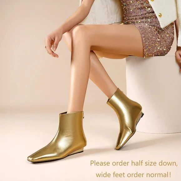 Women Gold Synthetic Ankle Boots Square Toe Back Zipper Short Boots