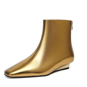 Women Gold Synthetic Ankle Boots Square Toe Back Zipper Short Boots