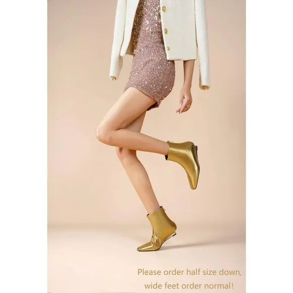 Women Gold Synthetic Ankle Boots Square Toe Back Zipper Short Boots