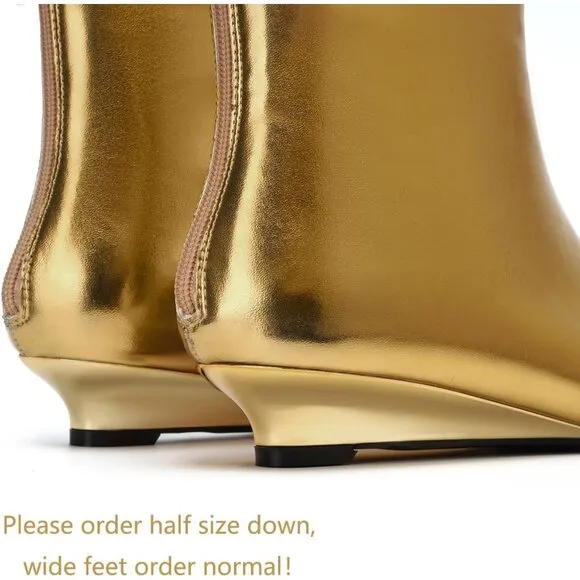 Women Gold Synthetic Ankle Boots Square Toe Back Zipper Short Boots