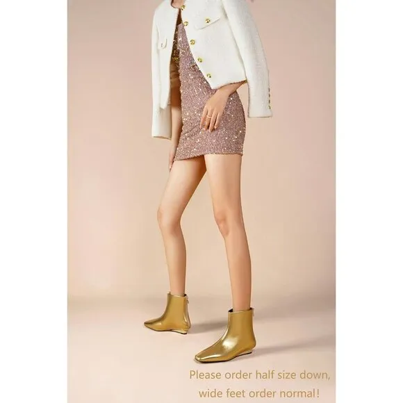 Women Gold Synthetic Ankle Boots Square Toe Back Zipper Short Boots