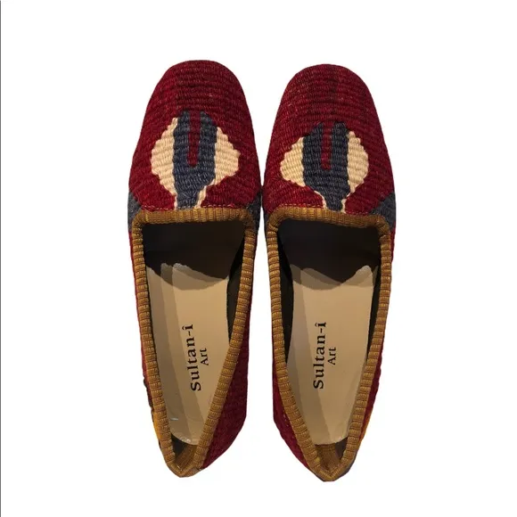 Womens 7 Kilim Loafer Turkish Wool Rug Shoes Burgundy Holiday EUR 37 Southwest