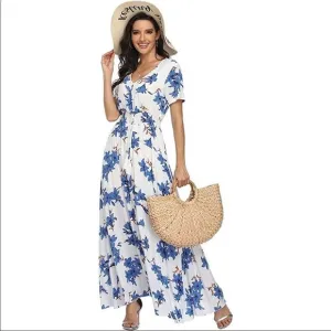✨ Women's Floral Print Maxi Dresses Boho Button Up Split Beach Party Dress✨
