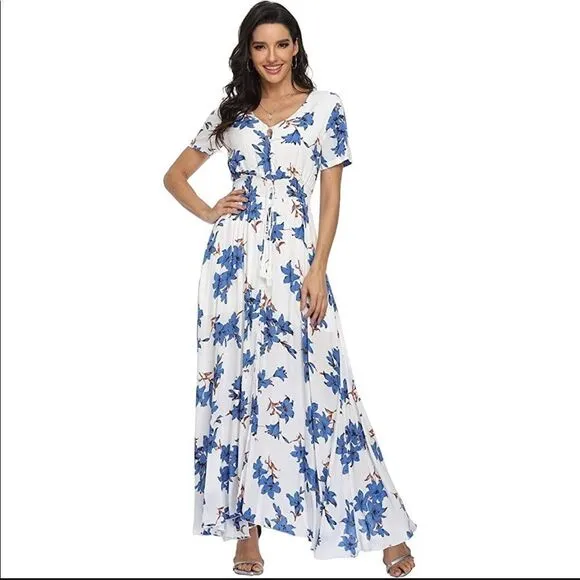 ✨ Women's Floral Print Maxi Dresses Boho Button Up Split Beach Party Dress✨