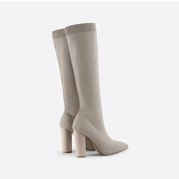 Women's Knee High Stretch Knit Chunky Heel Non-Slip Boots newbella 🆕apricot