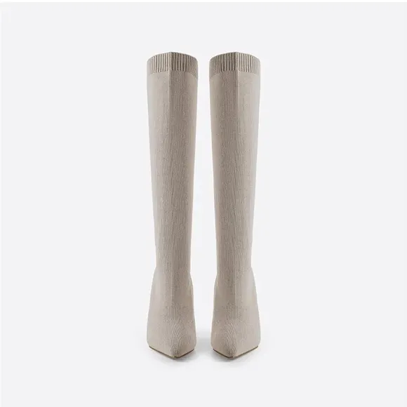 Women's Knee High Stretch Knit Chunky Heel Non-Slip Boots newbella 🆕apricot