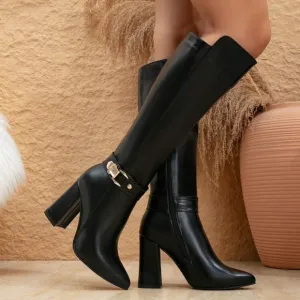 Women's New Sharp Toe Chunky Heel Black Fashion Boots With Side Zipper,Knee-High