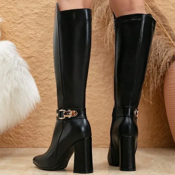 Women's New Sharp Toe Chunky Heel Black Fashion Boots With Side Zipper,Knee-High