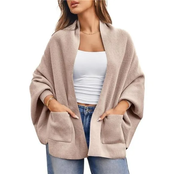 Womens Open Front Cardigan Batwing Long Sleeve Shawl Chunky Knit