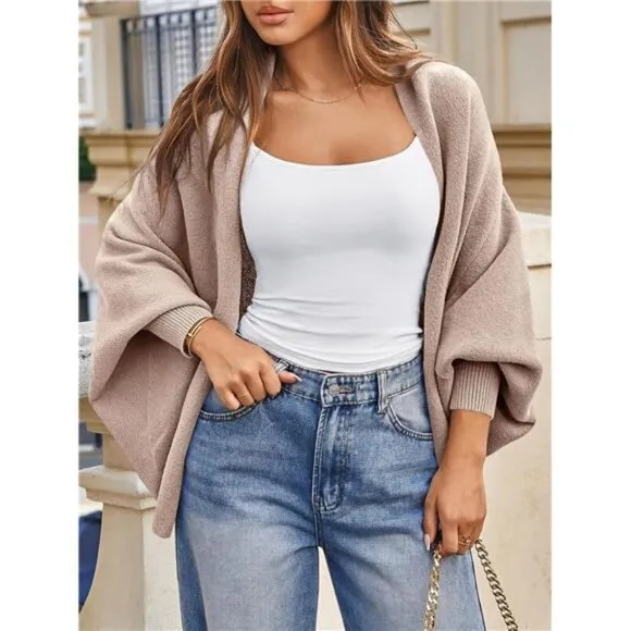 Womens Open Front Cardigan Batwing Long Sleeve Shawl Chunky Knit