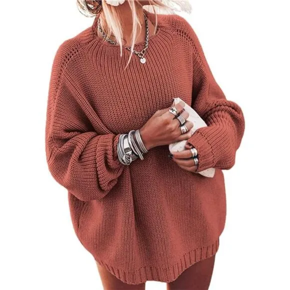 Women's Oversized Sweaters Batwing Sleeve Mock Neck Jumper Tops Chunky Knit Pull