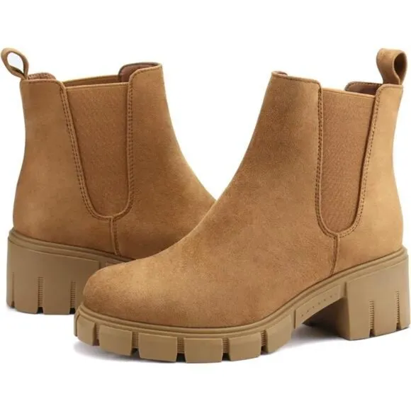 Women's Platform Ankle Boots Elastic Chelsea Boots Mid Heel Slip on Booties