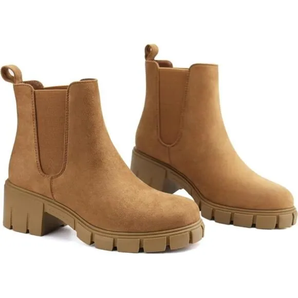 Women's Platform Ankle Boots Elastic Chelsea Boots Mid Heel Slip on Booties
