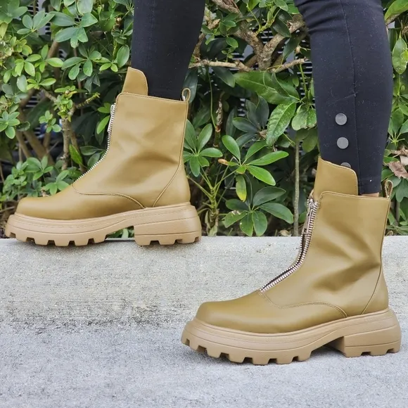 Womens Platform Combat Ankle Boots Olive Color