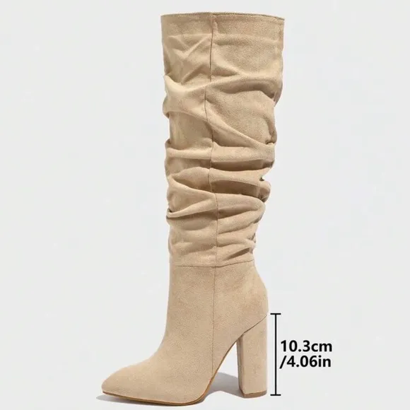Women's Pointed Toe Ruched Chunky High Heel Slip On Fashion Boots,
